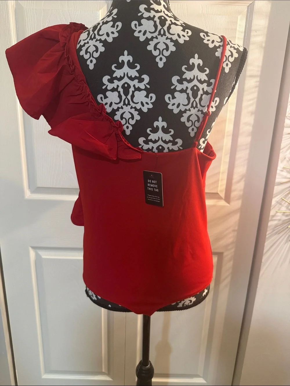 Express Red One-Shoulder Ruffle Bodysuit - Picture 4 of 6
